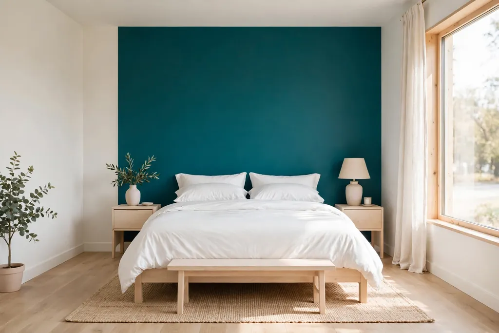 Bedroom with one bold teal accent wall behind the bed and warm white side walls.