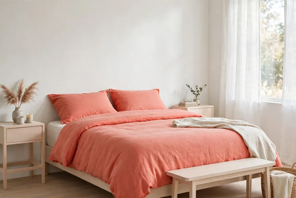 Minimalist bedroom bed dressed in one colorful coral duvet set with plain walls.