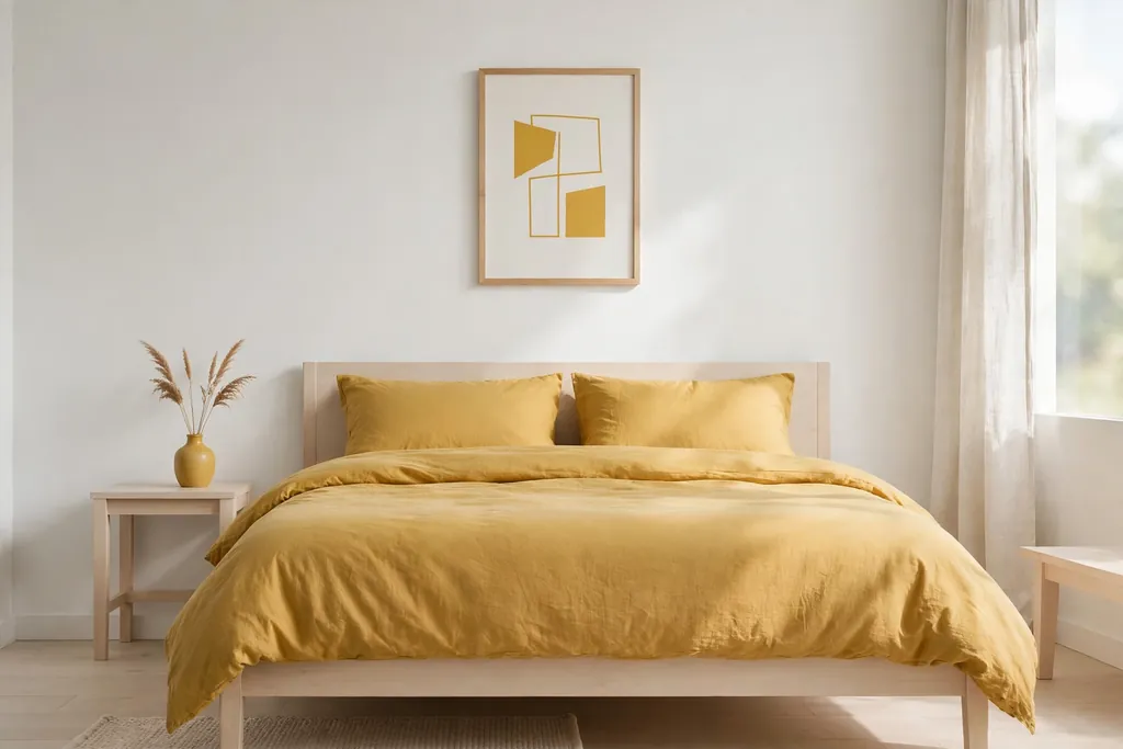 Minimalist bedroom with one mustard color repeated in bedding, art, and a vase.