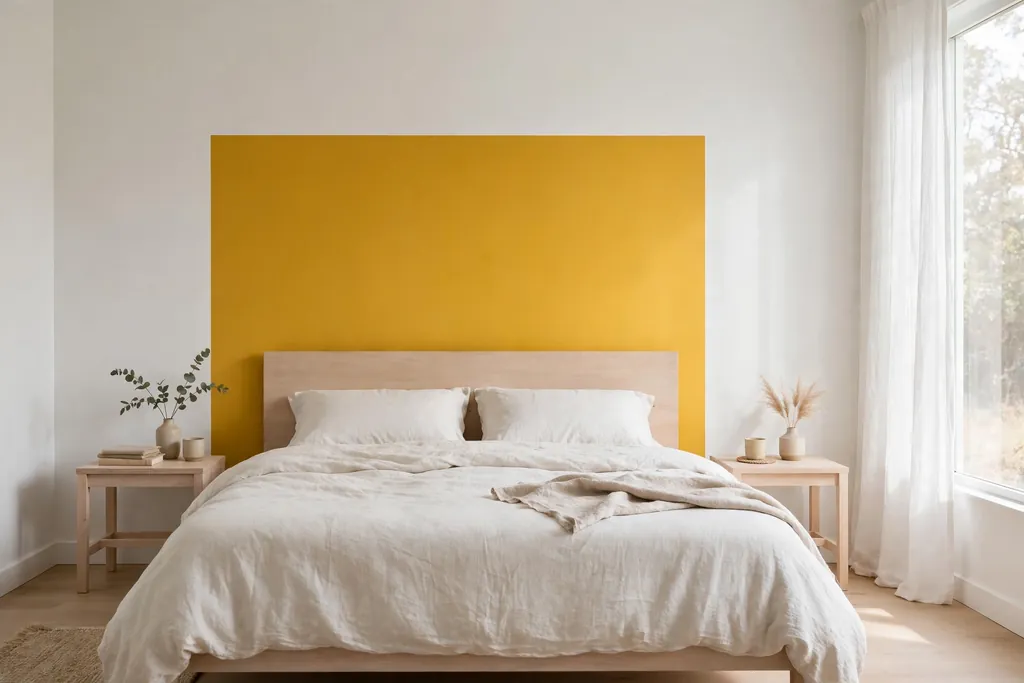 Bedroom wall with a bold mustard color block rectangle painted behind the headboard.