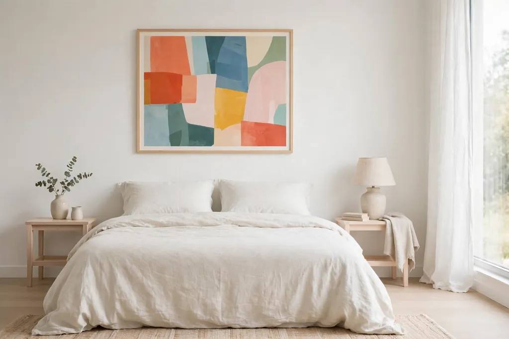 Minimalist bedroom with one large colorful abstract print above the bed.