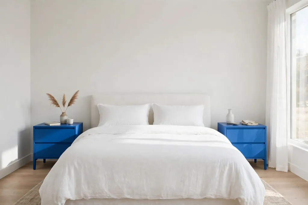 Bedroom with two nightstands painted one bright cobalt blue beside a plain bed.