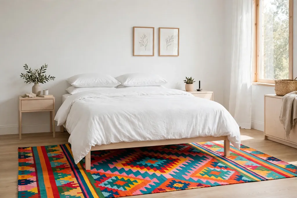 Minimalist bedroom with a bold patterned flatweave rug under the lower half of the bed.