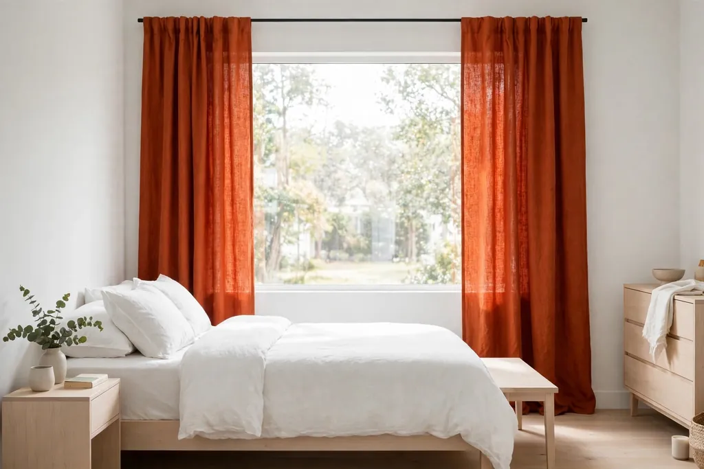 Bedroom window with one pair of vivid rust curtains and plain white bedding.