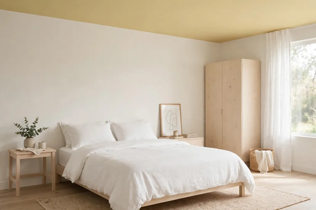 Bedroom with a soft butter yellow painted ceiling and warm white walls.