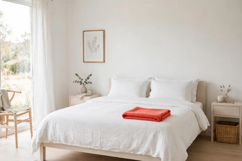 Plain white bed with one bright coral throw folded at the foot.