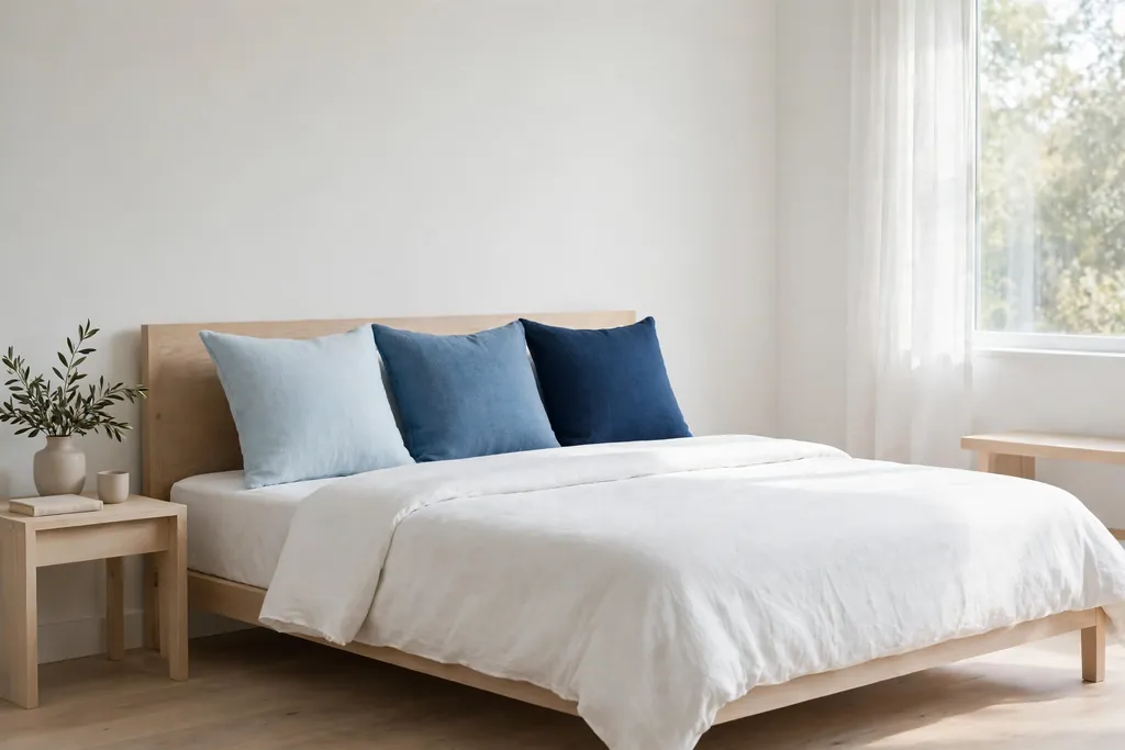 Bed with three cushions in one blue color family from pale to deep.