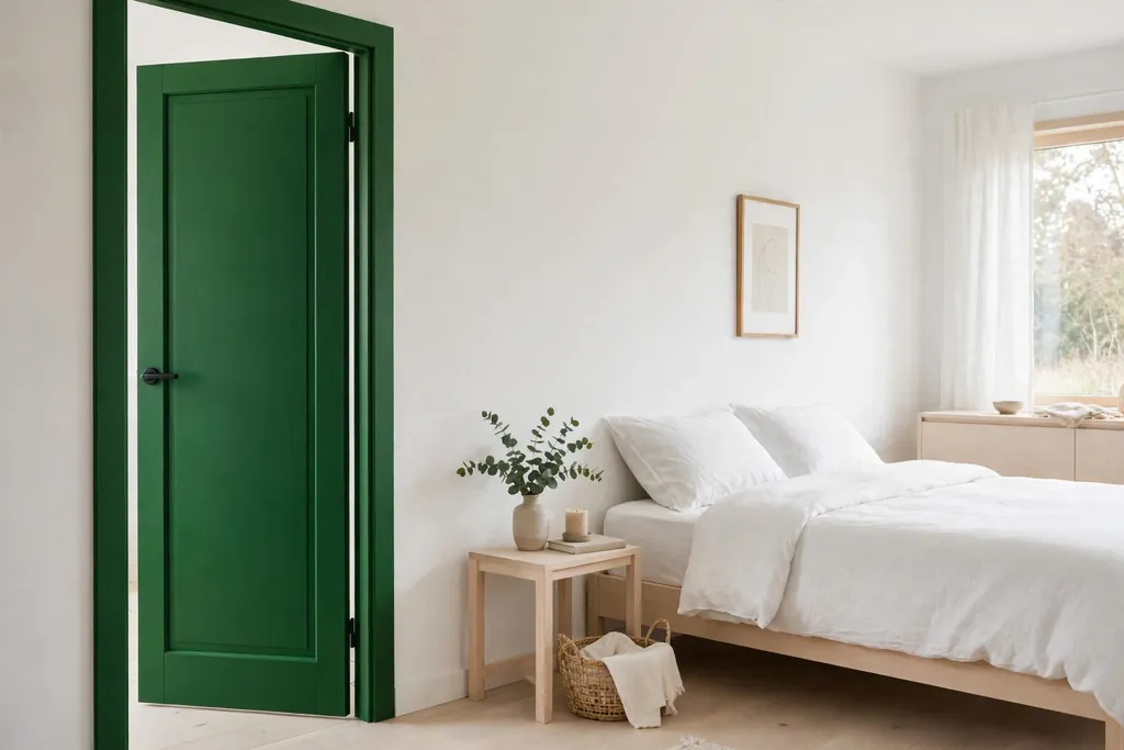 Bedroom with the inside face of the door painted bright deep green.