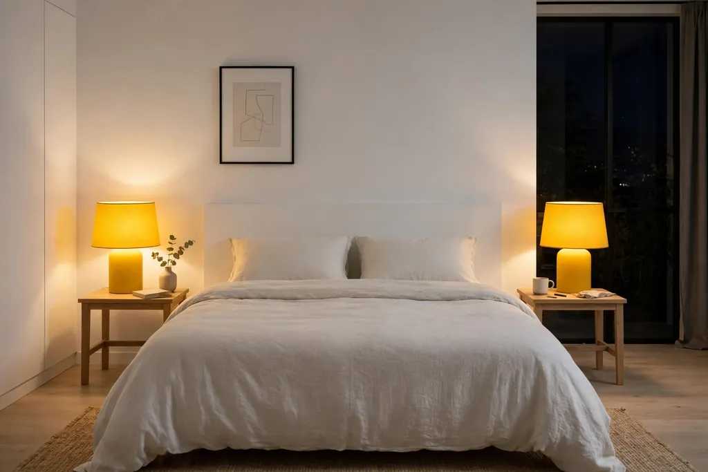 Bedroom at night with colorful mustard lampshades glowing warm light beside the bed.