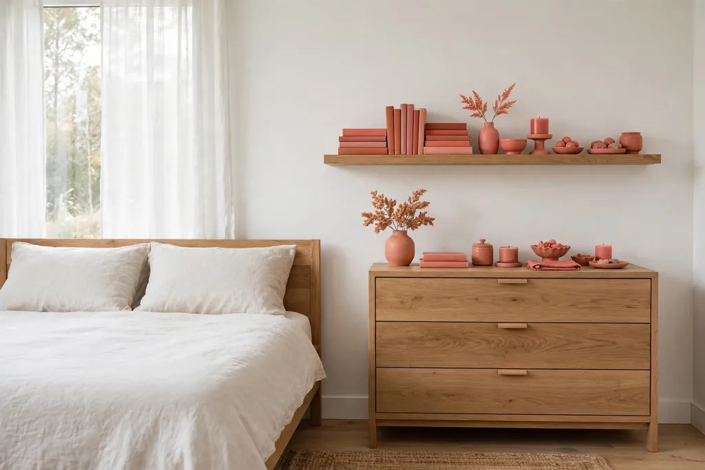 Open shelf above a dresser styled with books and vases grouped by one color.