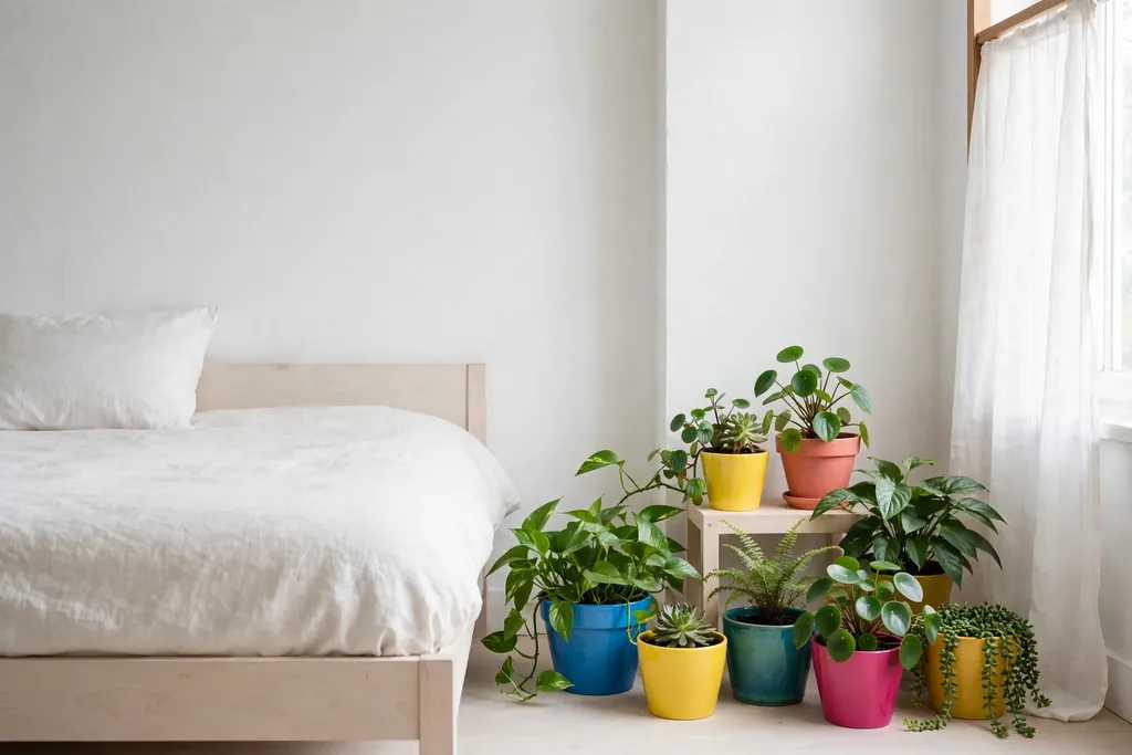 Bedroom corner with a cluster of plants in bright colorful pots.