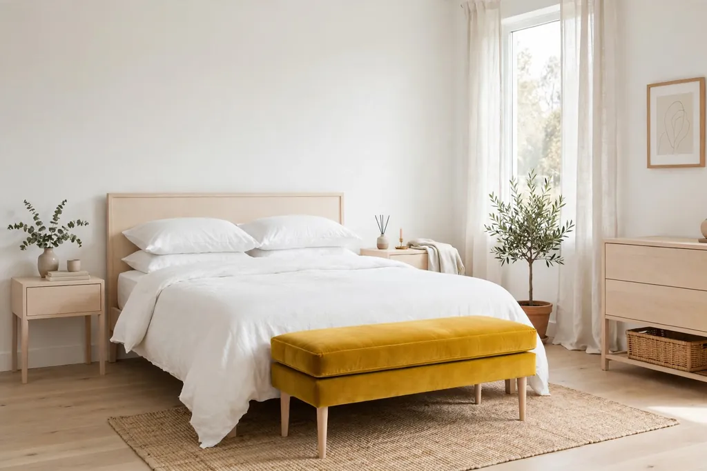 Minimalist bedroom with a bold mustard velvet bench at the foot of the bed.