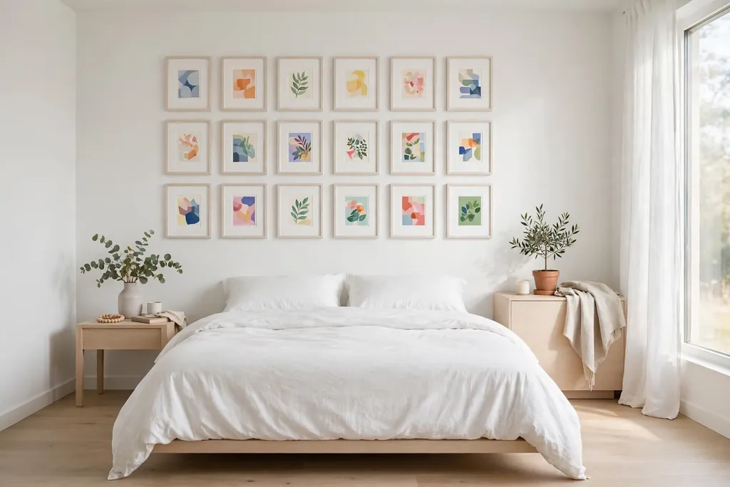 Bedroom wall with a tight grid of small colorful prints in matching white frames.