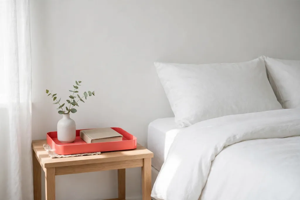 Nightstand with one bright coral tray holding a small vase and a book.