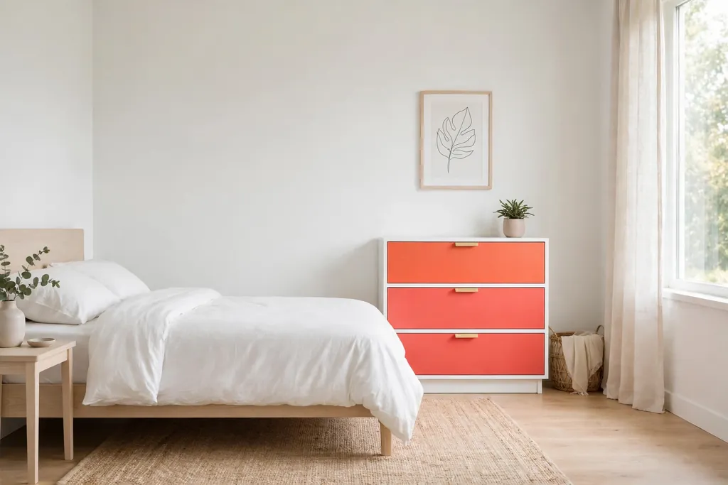 White dresser with drawer fronts painted one bright coral color.