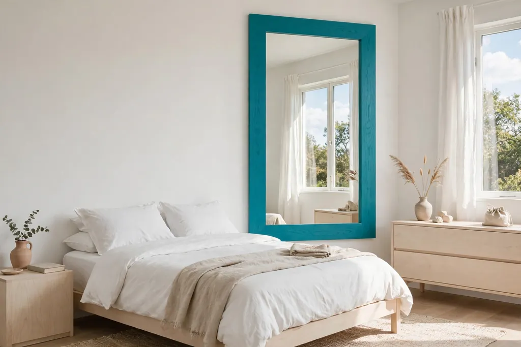 Bedroom with a mirror in a bright teal painted frame catching daylight.
