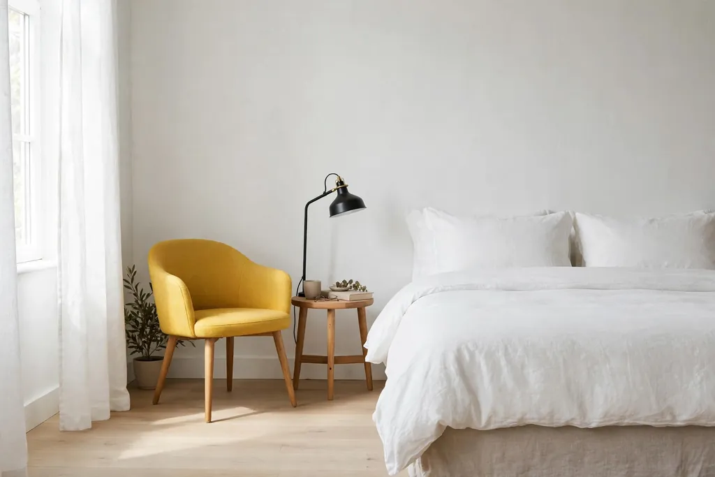 Bedroom corner with one bold yellow accent chair, small side table, and reading lamp.