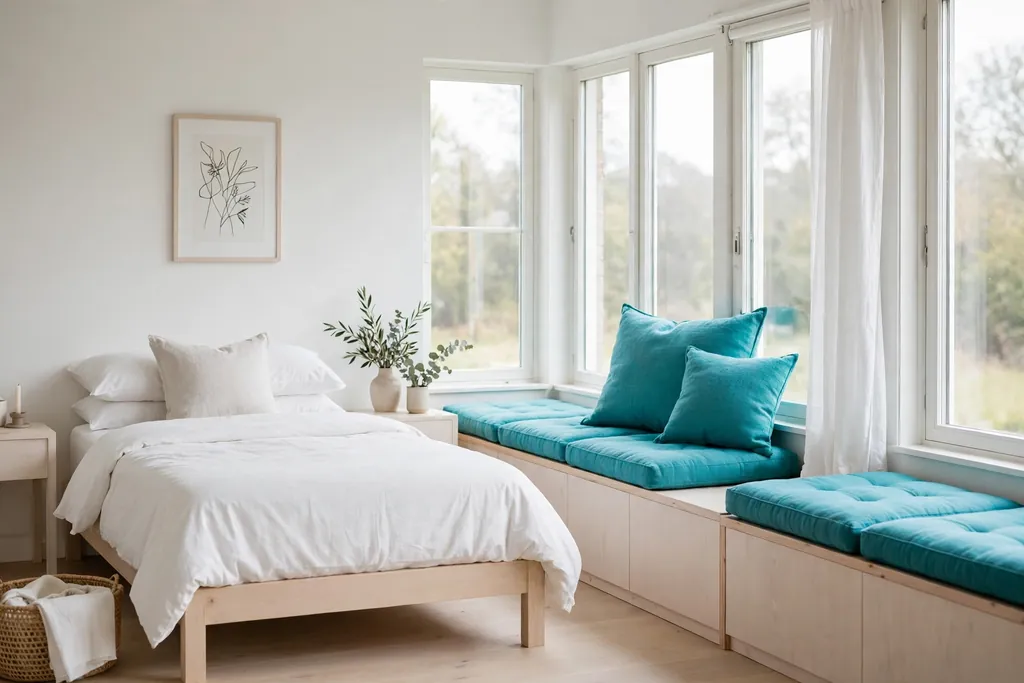 Window seat dressed with bright teal seat cushions in a plain bedroom.