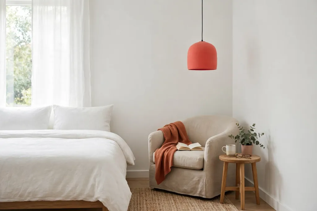 Reading corner with one colorful coral pendant light hanging over a chair.