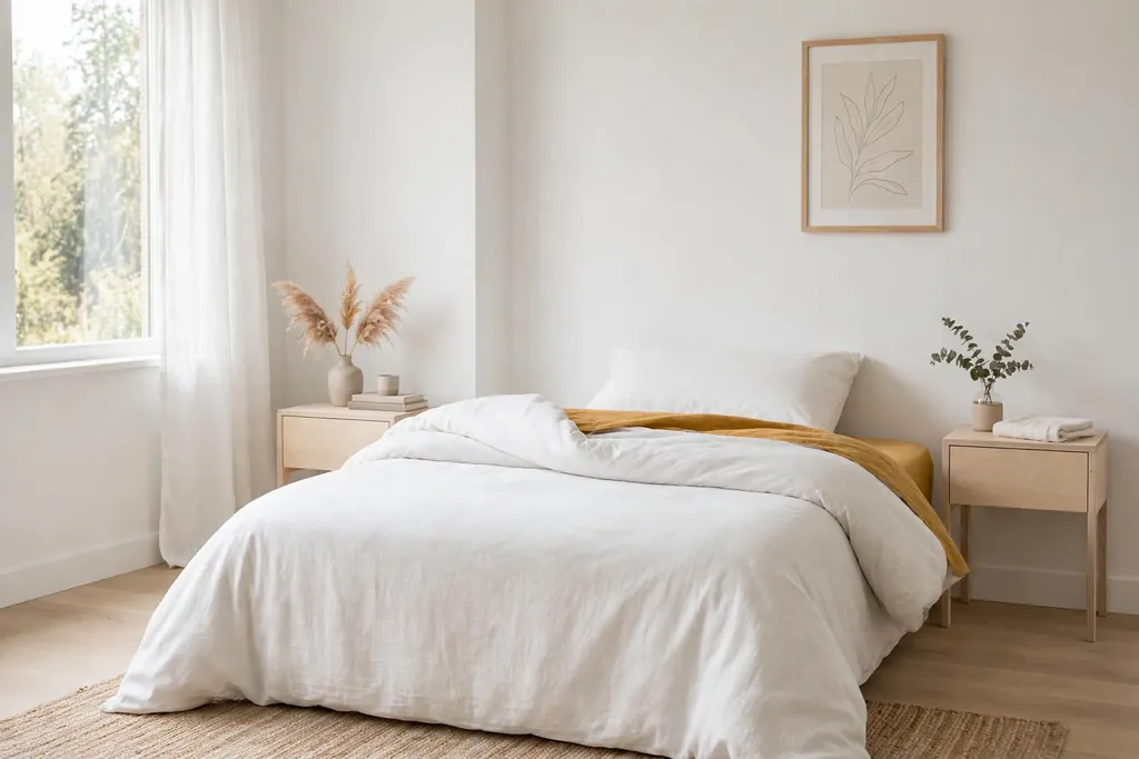 White bed with a colored mustard flat sheet peeking from under a folded white duvet.