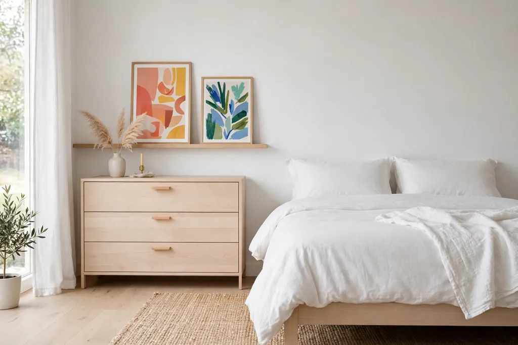 Picture ledge above a dresser with two colorful prints leaning against the wall.
