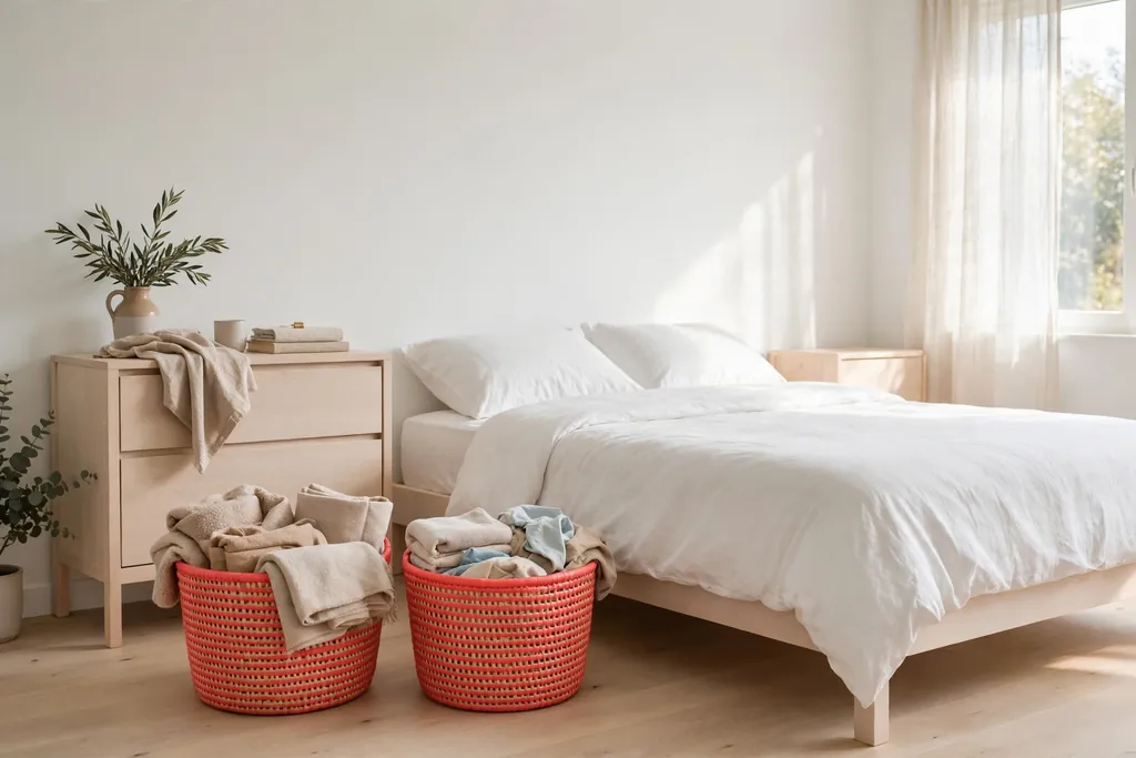 Minimalist bedroom with two matching bright coral baskets holding throws and laundry.