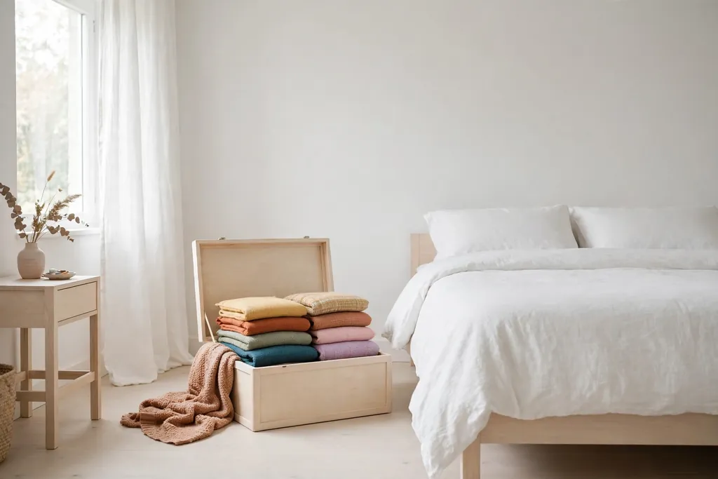 Bedroom with a lidded swap box of folded colorful cushion covers and a throw beside the bed.