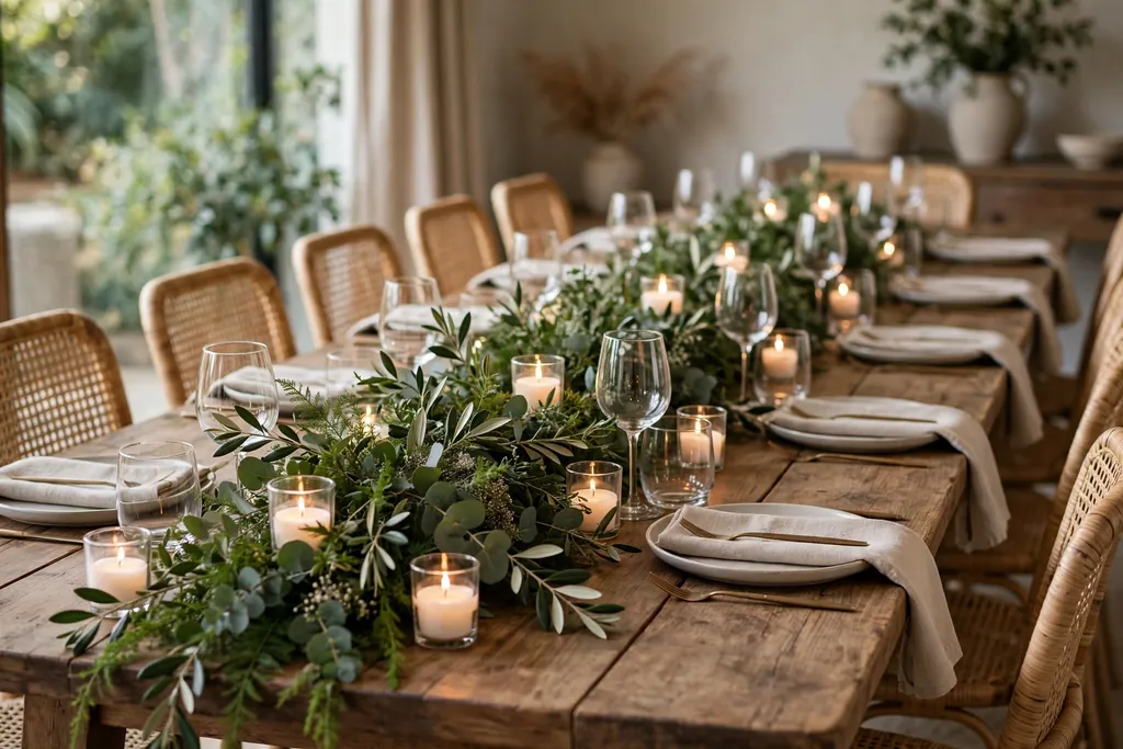 Long dining table with a low greenery runner and small votive candles in glass holders.