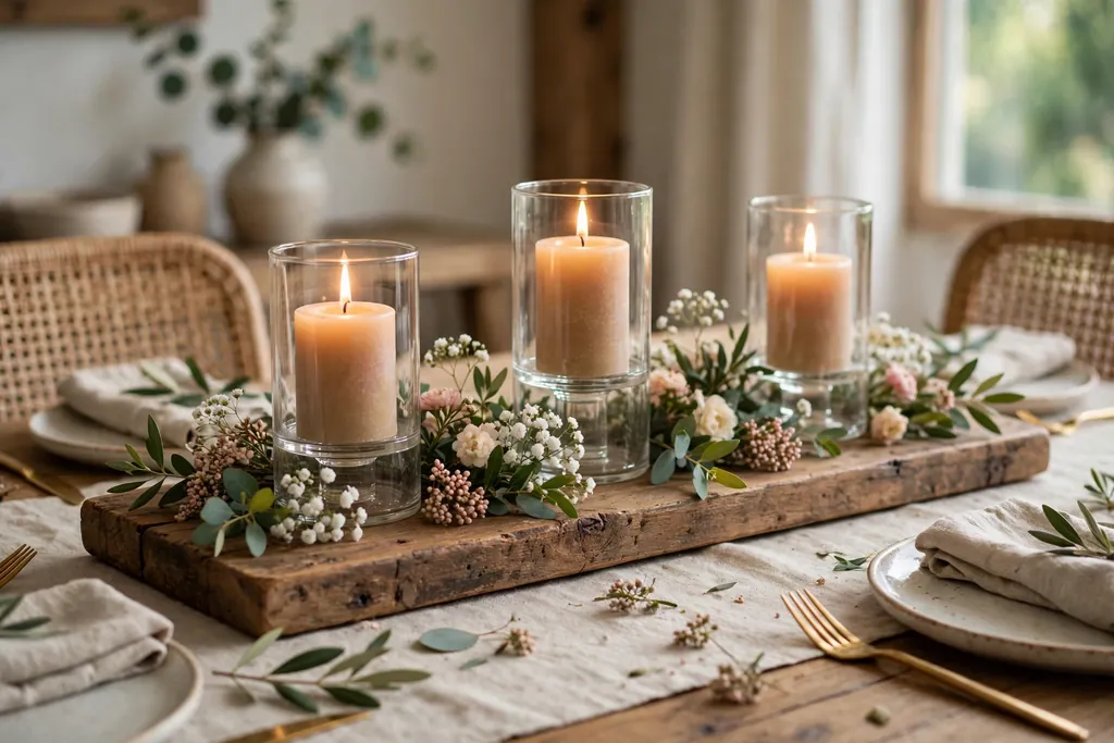 Long wood board centerpiece with pillar candles in glass holders and small blooms on a dining table.