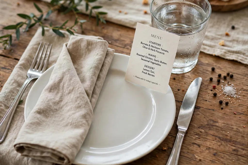 Place setting with a small printed menu card propped against a glass.