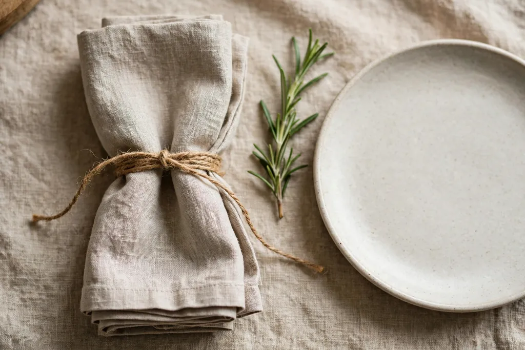 Folded napkin tied with twine and a short rosemary sprig beside a plate.