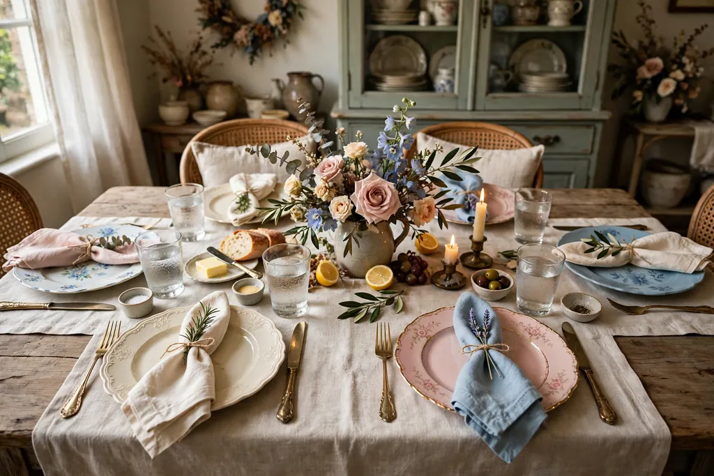 Dining table with mismatched vintage plates in cream, blush, and soft blue at each place.
