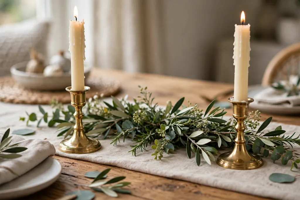 Dining table center with brass candlesticks holding cream taper candles beside a short greenery runner.