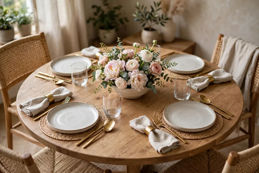 Small round dining table with one low bowl of blooms in the center and matching places around it.