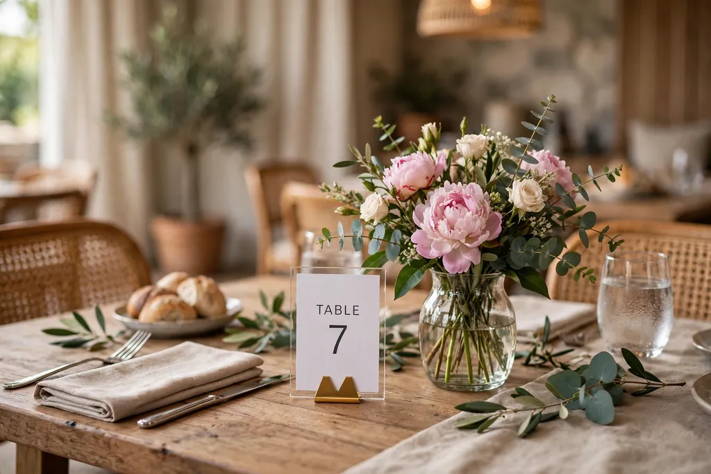 Dining table with a small table number card in a holder beside a vase of blooms.
