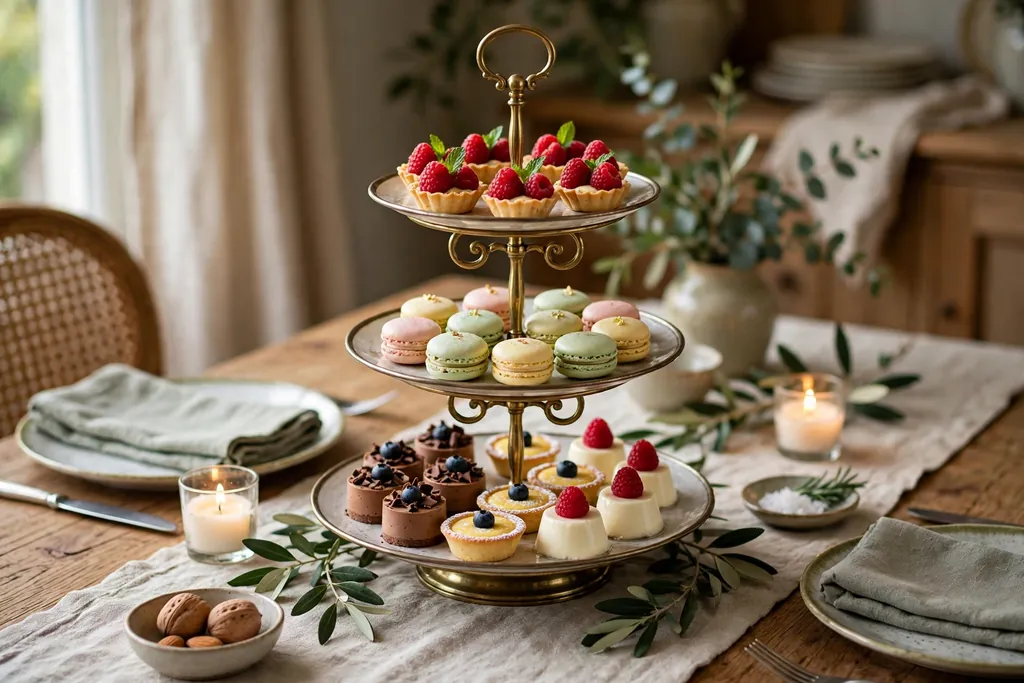 Tiered stand holding small desserts as a centerpiece on a dining table.