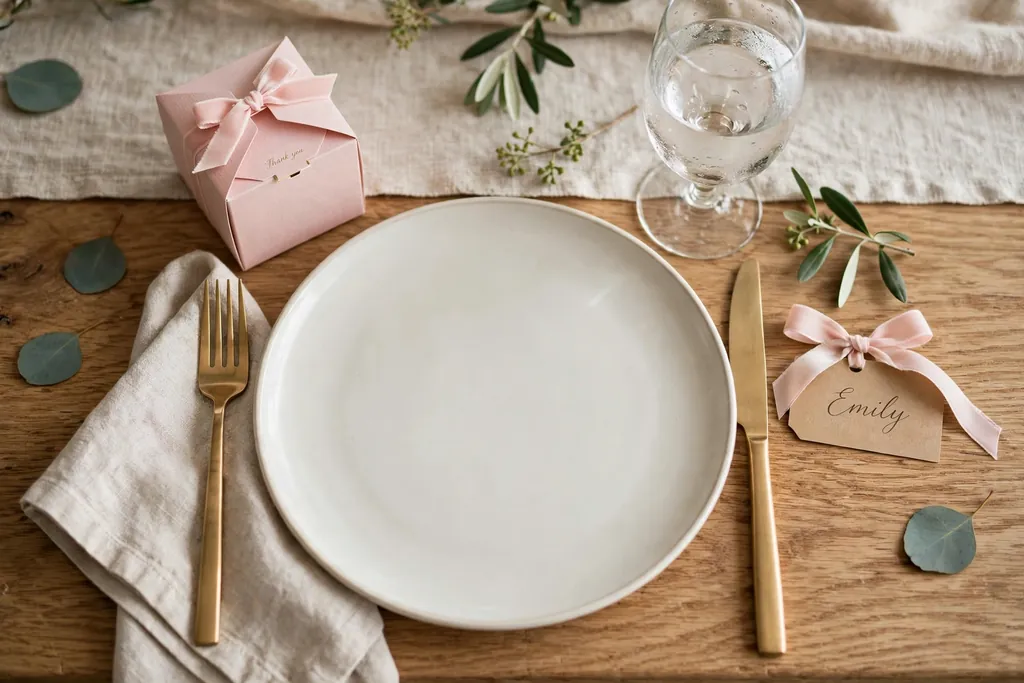 Place setting with a small blush favor box and a name tag tied with ribbon beside the plate.