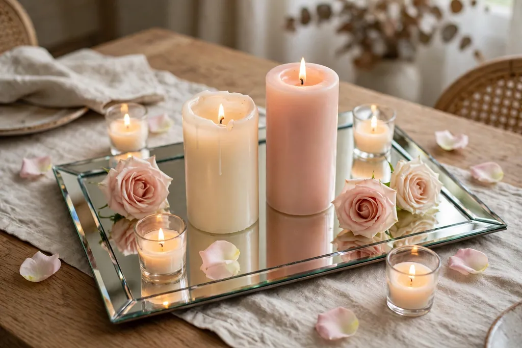 Mirrored tray with cream and blush pillar and votive candles and rose heads on a dining table.