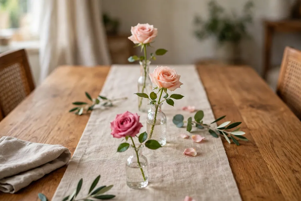 Three small bud vases with single rose stems down the center of a dining table.