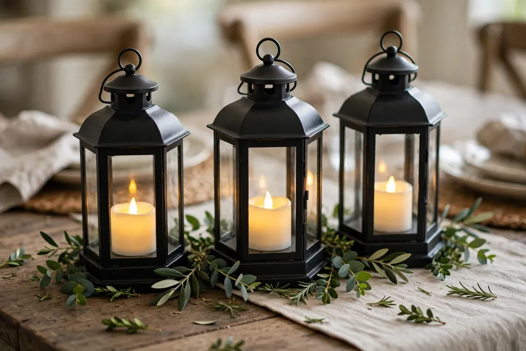 Dining table center with lanterns holding battery candles and short green sprigs around the bases.