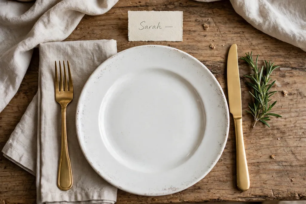 Place setting with a small handwritten place card and a green sprig beside the plate.