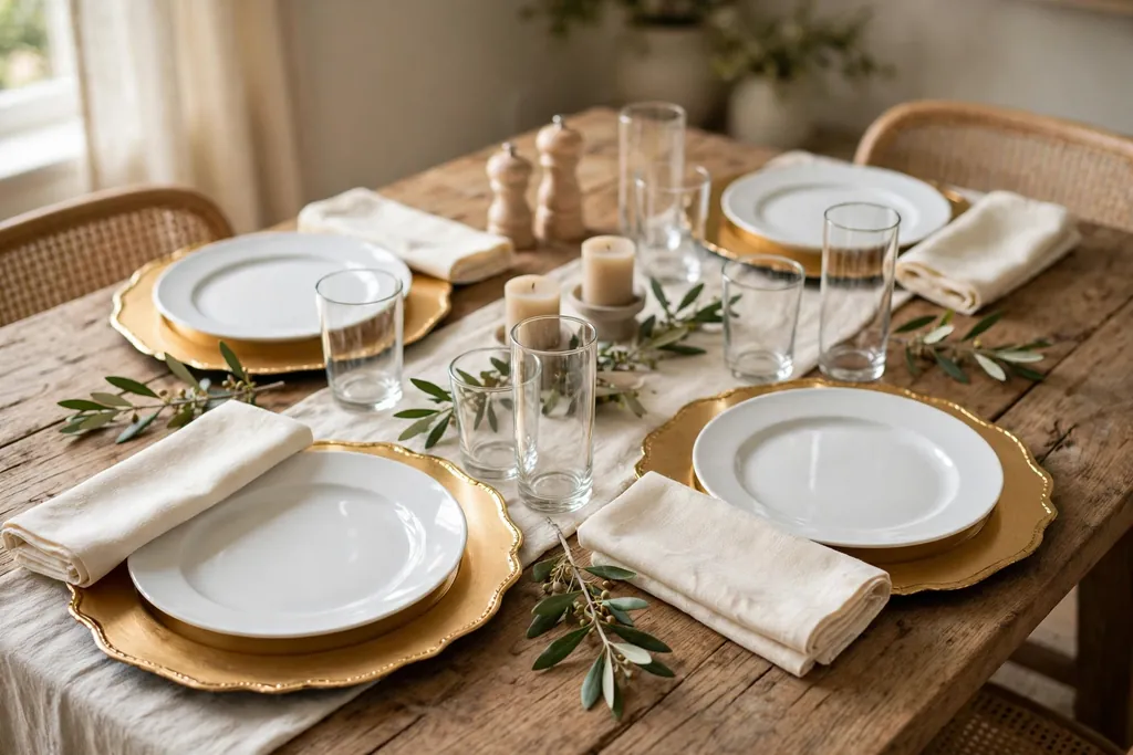 Dining table with white plates on gold chargers, cream napkins, and clear glasses.