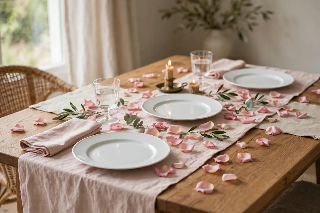 Dining table with a blush linen runner scattered with rose petals and white plates.