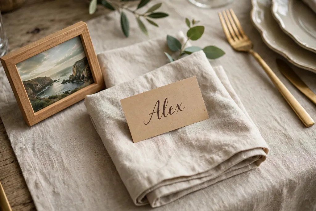 Place setting with a small framed photo and a name card on a napkin.
