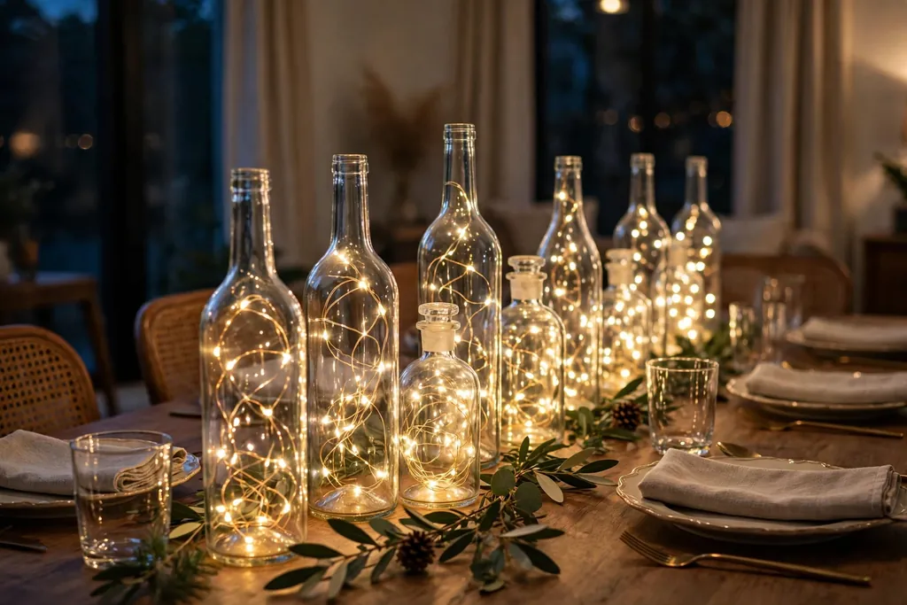 Clear glass bottles holding battery fairy lights down the center of a dining table in the evening.