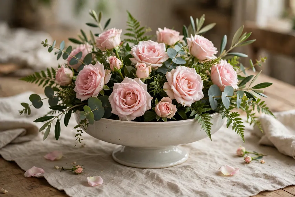 Low wide compote bowl with soft pink roses and green leaves as a table centerpiece.