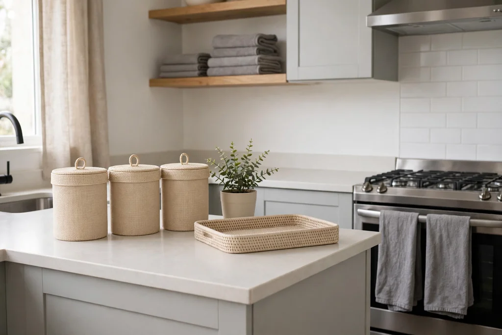 Rental kitchen styled with a beige tray, grey towels, and beige canisters.