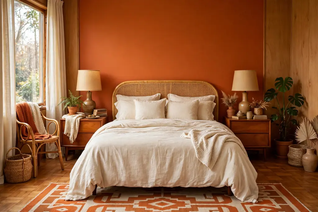 Bedroom with a burnt orange accent wall behind a bed with cream bedding.