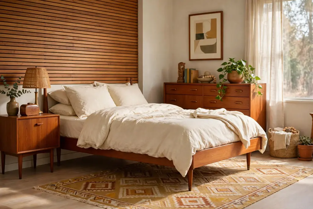 Bedroom with a low teak mid century bed frame and cream bedding.