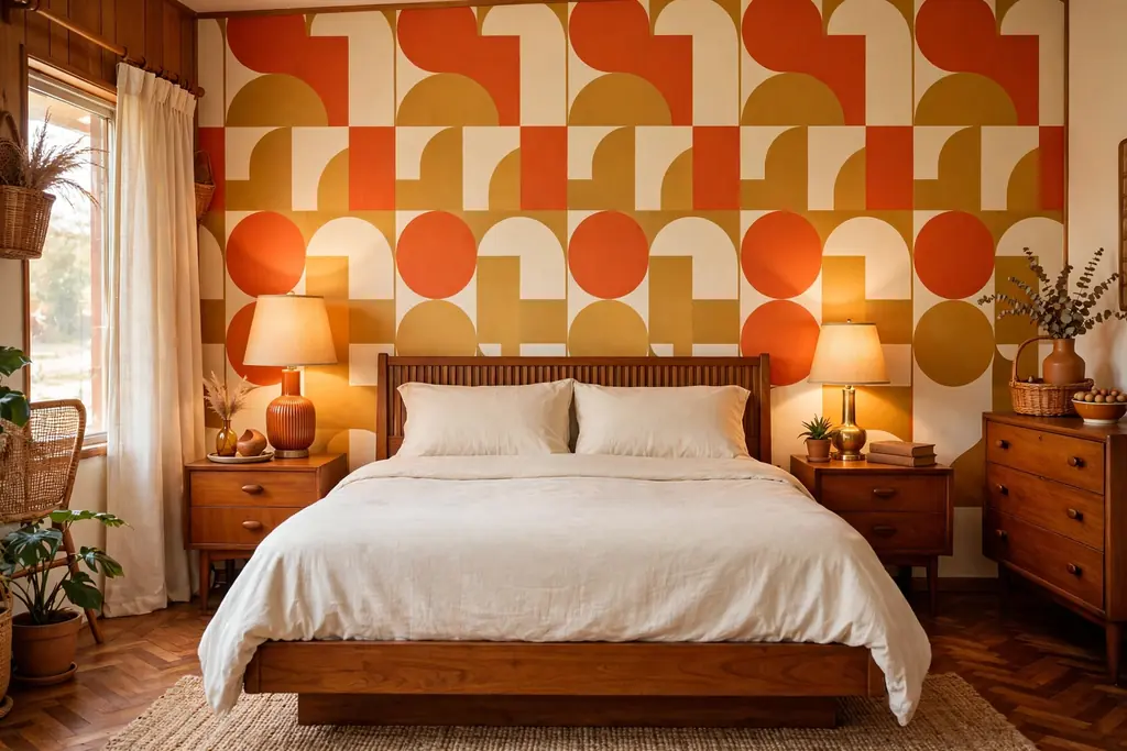 Bedroom bed wall with bold geometric wallpaper in orange